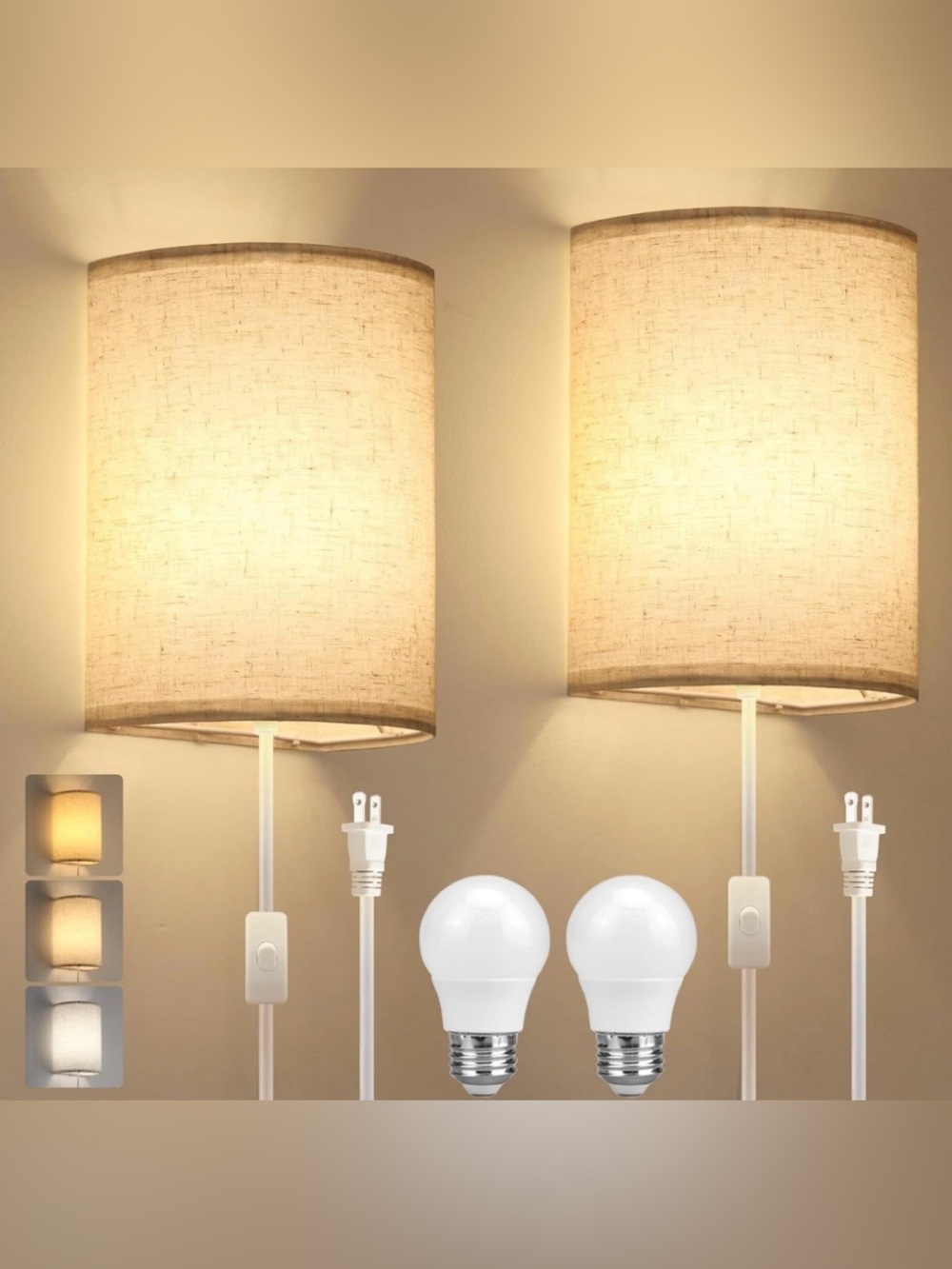Pair of Beige Plug-In Table Lamps with White LED Bulbs